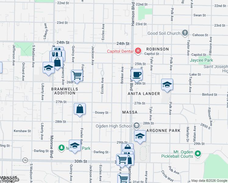 map of restaurants, bars, coffee shops, grocery stores, and more near 2636 South Van Buren Avenue in Ogden