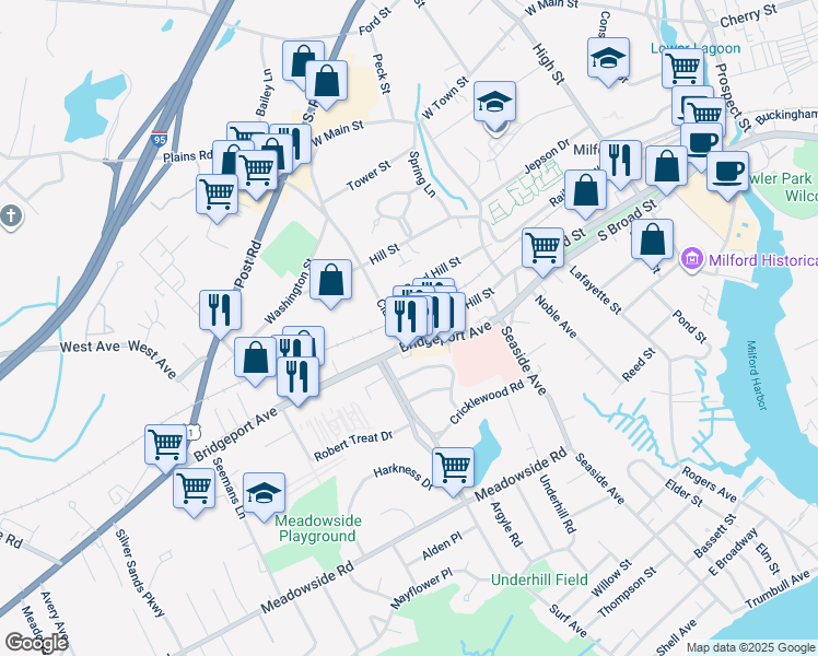 map of restaurants, bars, coffee shops, grocery stores, and more near 1091 Bridgeport Avenue in Milford