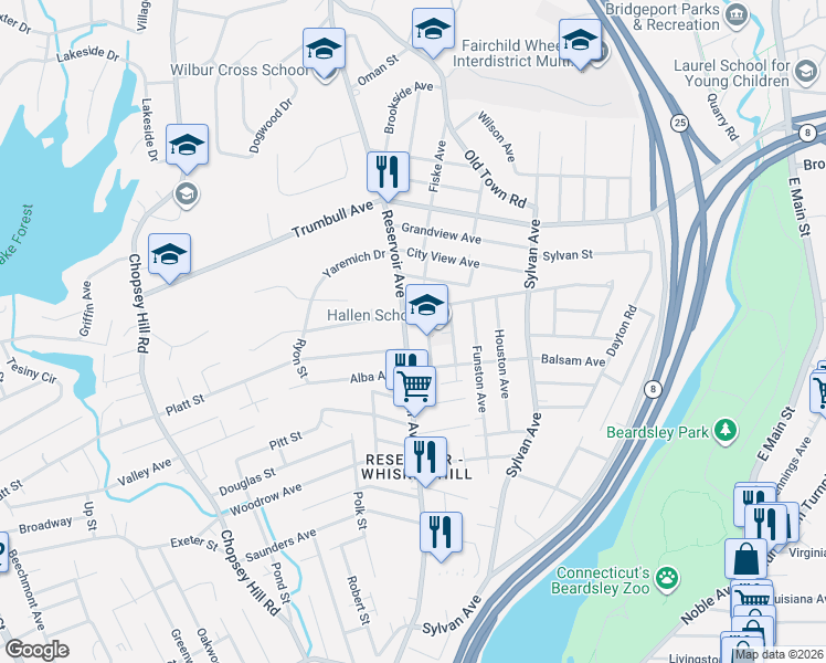 map of restaurants, bars, coffee shops, grocery stores, and more near 1205 Reservoir Avenue in Bridgeport