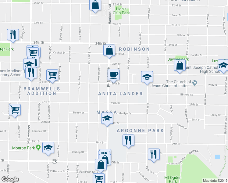 map of restaurants, bars, coffee shops, grocery stores, and more near 2656 Harrison Boulevard in Ogden