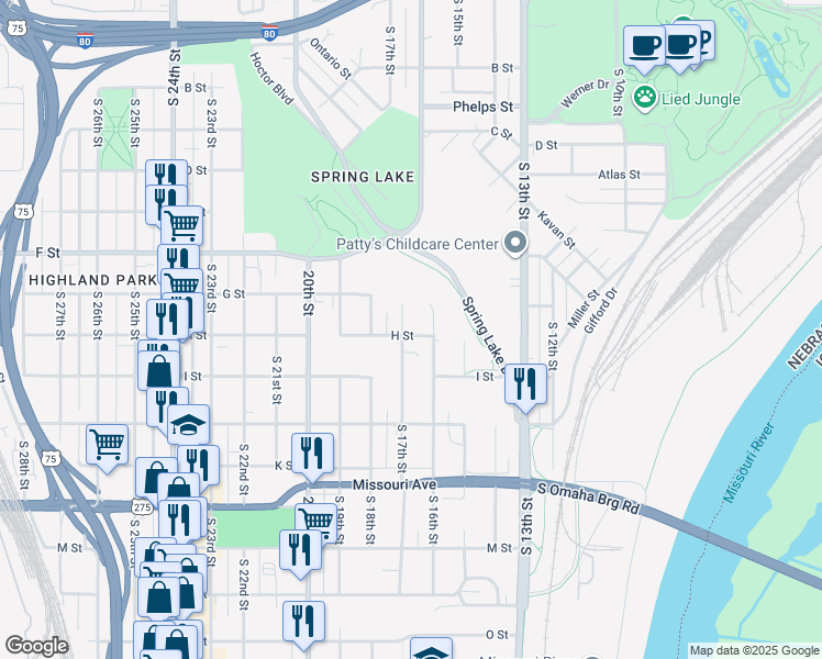 map of restaurants, bars, coffee shops, grocery stores, and more near 4308 South 16th Street in Omaha