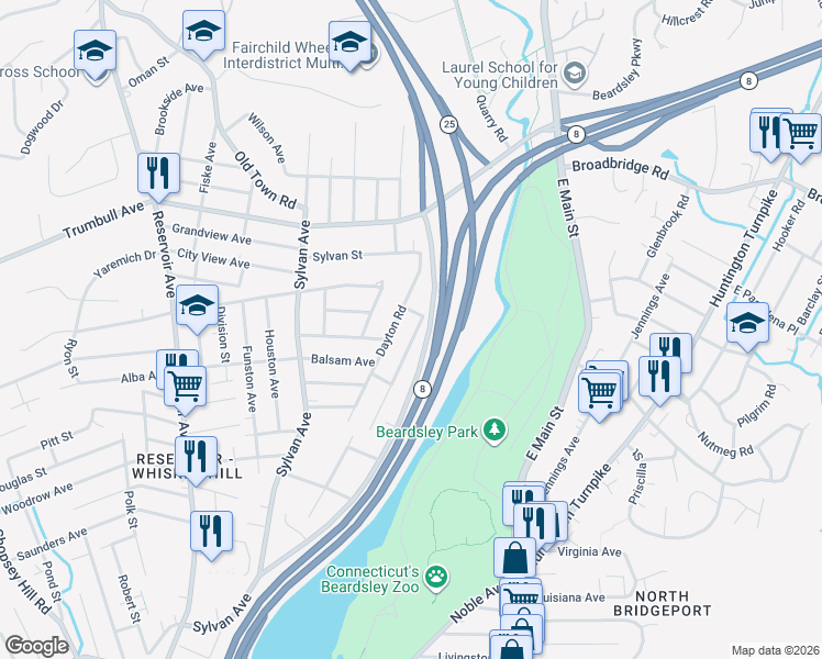 map of restaurants, bars, coffee shops, grocery stores, and more near 235 Hillcrest Road in Bridgeport