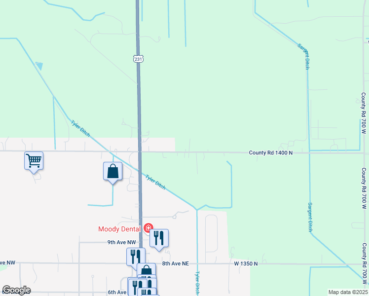 map of restaurants, bars, coffee shops, grocery stores, and more near 7811-7849 West County Road 1400 North in De Motte