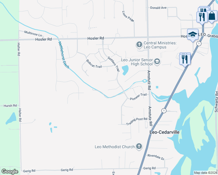 map of restaurants, bars, coffee shops, grocery stores, and more near 9514 Bear Creek Court in Leo-Cedarville