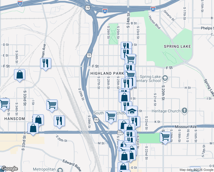 map of restaurants, bars, coffee shops, grocery stores, and more near 4310 South 26th Street in Omaha