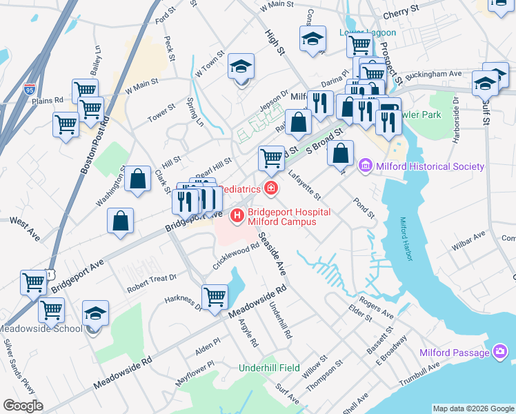 map of restaurants, bars, coffee shops, grocery stores, and more near 6 Seaside Court in Milford