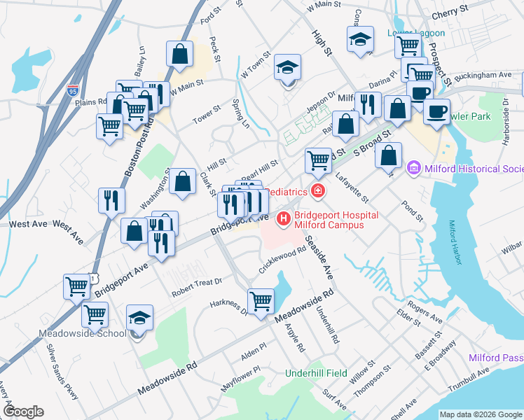map of restaurants, bars, coffee shops, grocery stores, and more near in Milford