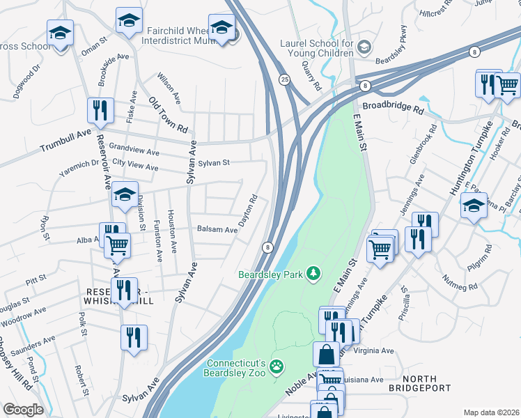 map of restaurants, bars, coffee shops, grocery stores, and more near 235 Hillcrest Road in Bridgeport