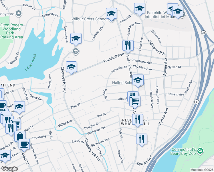 map of restaurants, bars, coffee shops, grocery stores, and more near 186 Platt Street in Bridgeport