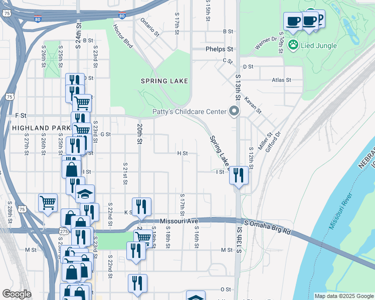 map of restaurants, bars, coffee shops, grocery stores, and more near 4308 South 16th Street in Omaha