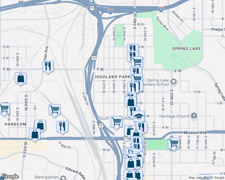 map of restaurants, bars, coffee shops, grocery stores, and more near 4310 South 26th Street in Omaha