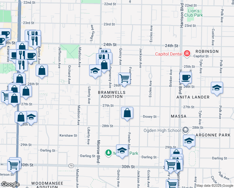 map of restaurants, bars, coffee shops, grocery stores, and more near 2635 Quincy Avenue in Ogden