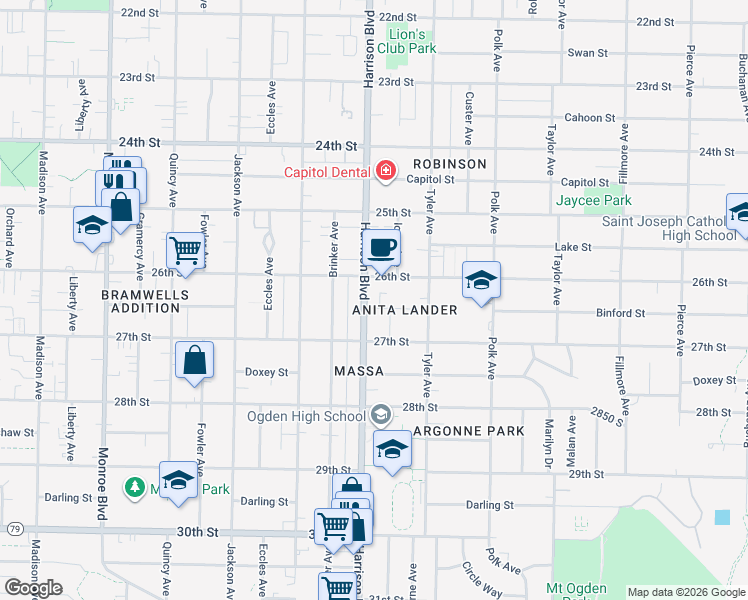 map of restaurants, bars, coffee shops, grocery stores, and more near 2656 Harrison Boulevard in Ogden