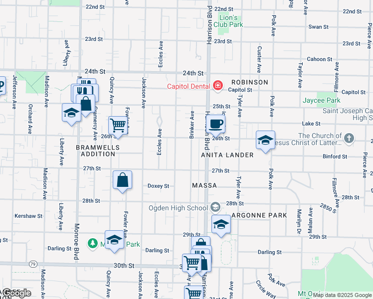 map of restaurants, bars, coffee shops, grocery stores, and more near 2660 Brinker Avenue in Ogden