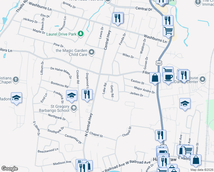 map of restaurants, bars, coffee shops, grocery stores, and more near 11 Getty Road in Stony Point