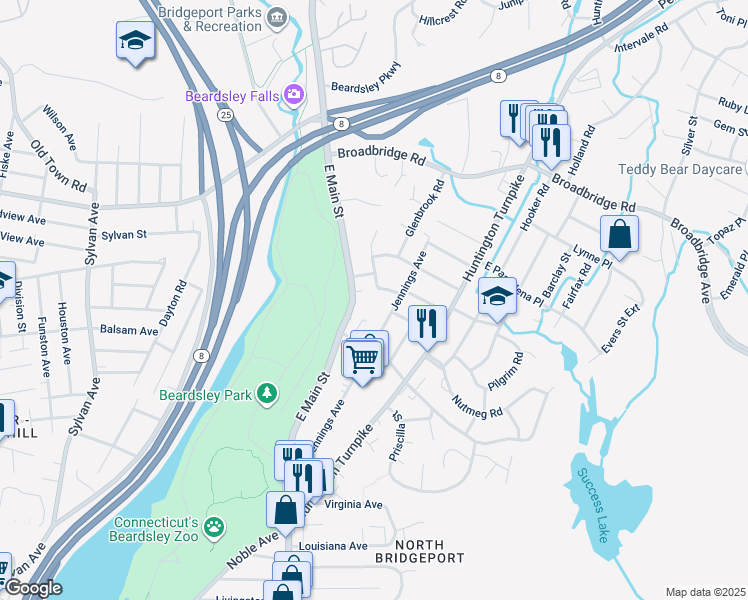 map of restaurants, bars, coffee shops, grocery stores, and more near 49 Beverly Drive in Bridgeport