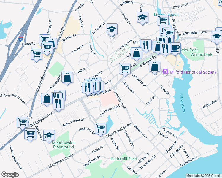map of restaurants, bars, coffee shops, grocery stores, and more near 1459 Bridgeport Avenue in Milford