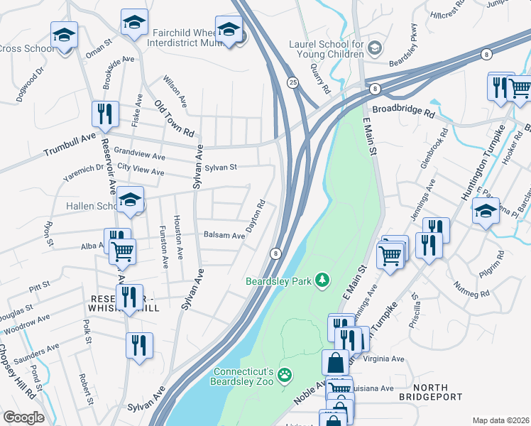 map of restaurants, bars, coffee shops, grocery stores, and more near 235 Hillcrest Road in Bridgeport