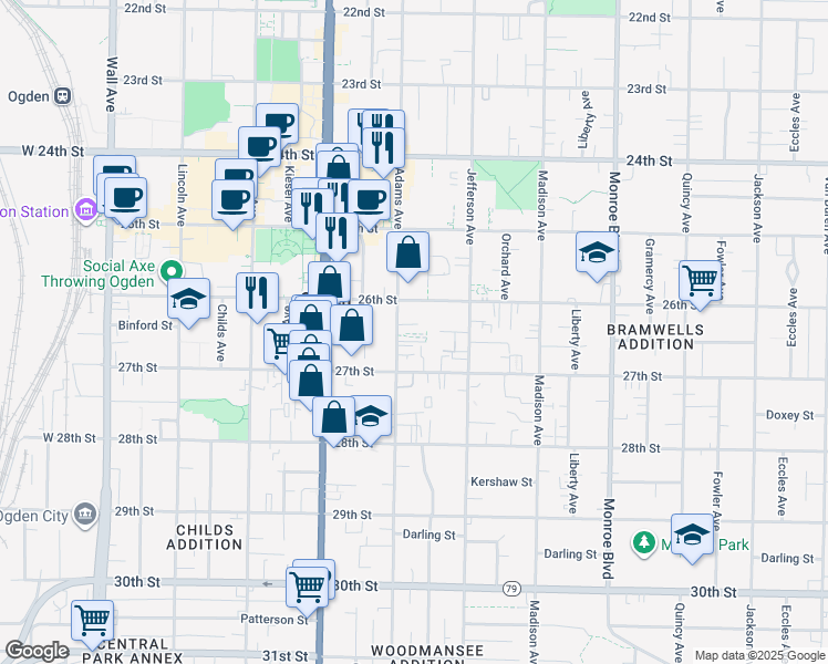 map of restaurants, bars, coffee shops, grocery stores, and more near 2638 Adams Avenue in Ogden