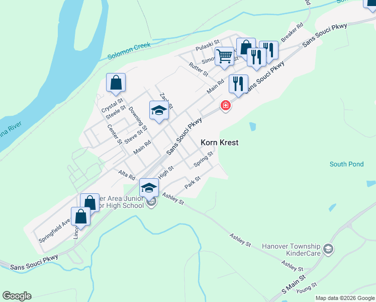 map of restaurants, bars, coffee shops, grocery stores, and more near 36 Ridge Street in Ashley