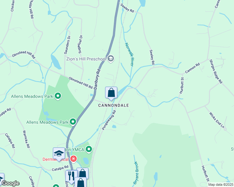 map of restaurants, bars, coffee shops, grocery stores, and more near 30 Cannon Road in Wilton