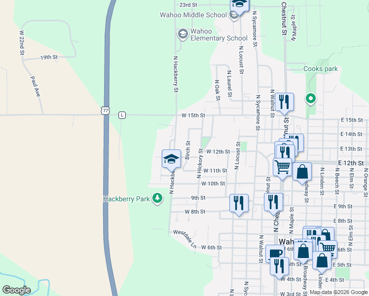 map of restaurants, bars, coffee shops, grocery stores, and more near 1148 Birch Street in Wahoo