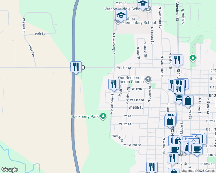 map of restaurants, bars, coffee shops, grocery stores, and more near 1229 North Hackberry Street in Wahoo