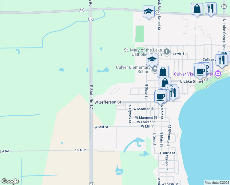 map of restaurants, bars, coffee shops, grocery stores, and more near Cavalier Drive in Culver