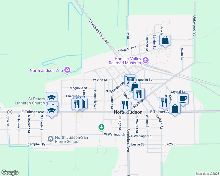 map of restaurants, bars, coffee shops, grocery stores, and more near 208 Jones Street in North Judson