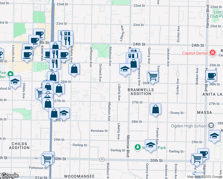 map of restaurants, bars, coffee shops, grocery stores, and more near 723 Binford Street in Ogden