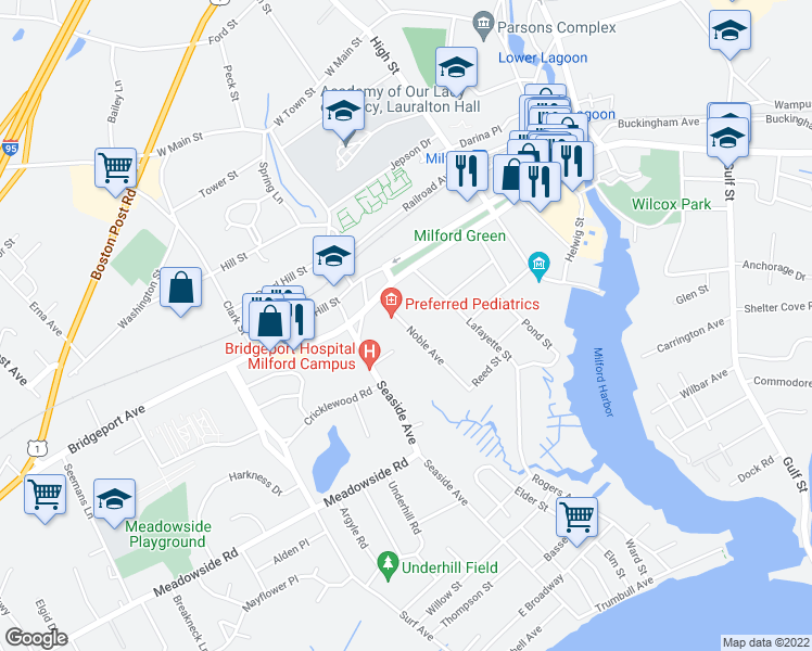 map of restaurants, bars, coffee shops, grocery stores, and more near 78 Noble Avenue in Milford