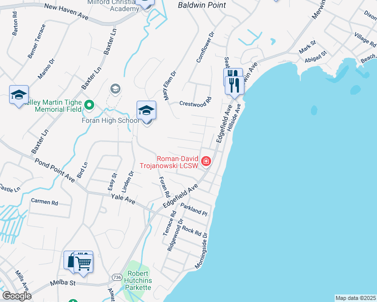 map of restaurants, bars, coffee shops, grocery stores, and more near 39 Stevens Street in Milford