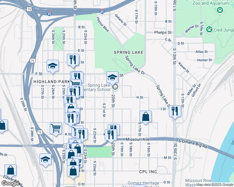 map of restaurants, bars, coffee shops, grocery stores, and more near 4215 South 20th Street in Omaha