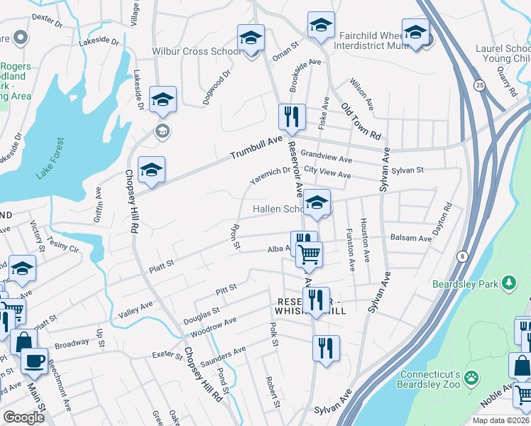 map of restaurants, bars, coffee shops, grocery stores, and more near 588 Soundview Avenue in Bridgeport