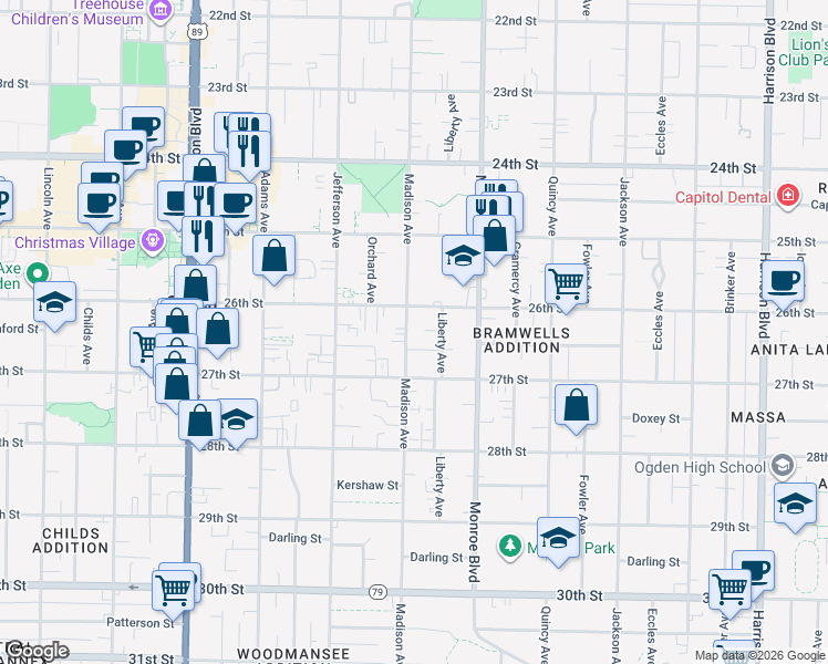 map of restaurants, bars, coffee shops, grocery stores, and more near 723 Binford Street in Ogden