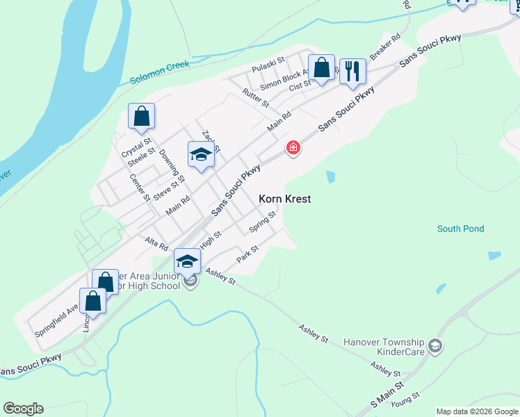 map of restaurants, bars, coffee shops, grocery stores, and more near 314 Spring Street in Wilkes-Barre