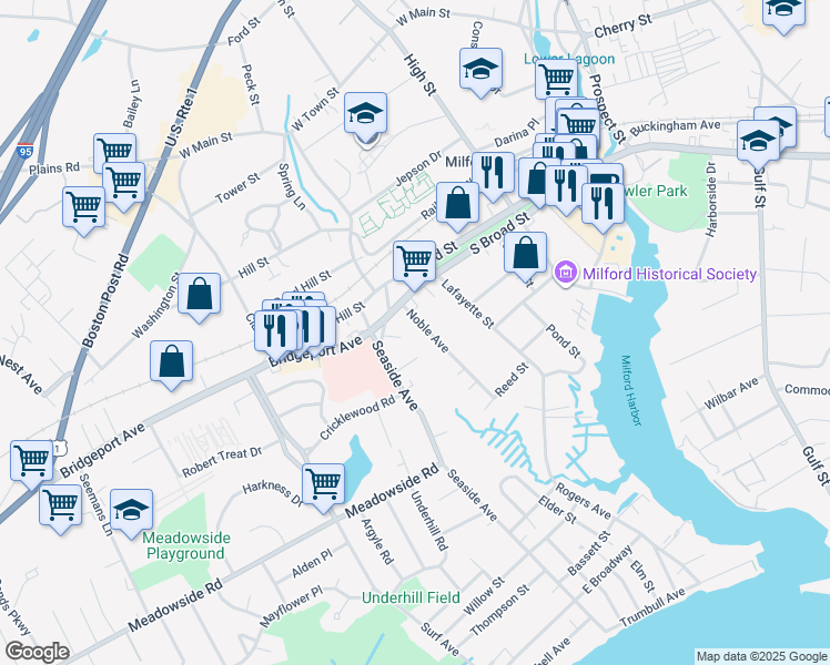 map of restaurants, bars, coffee shops, grocery stores, and more near 6 Seaside Court in Milford