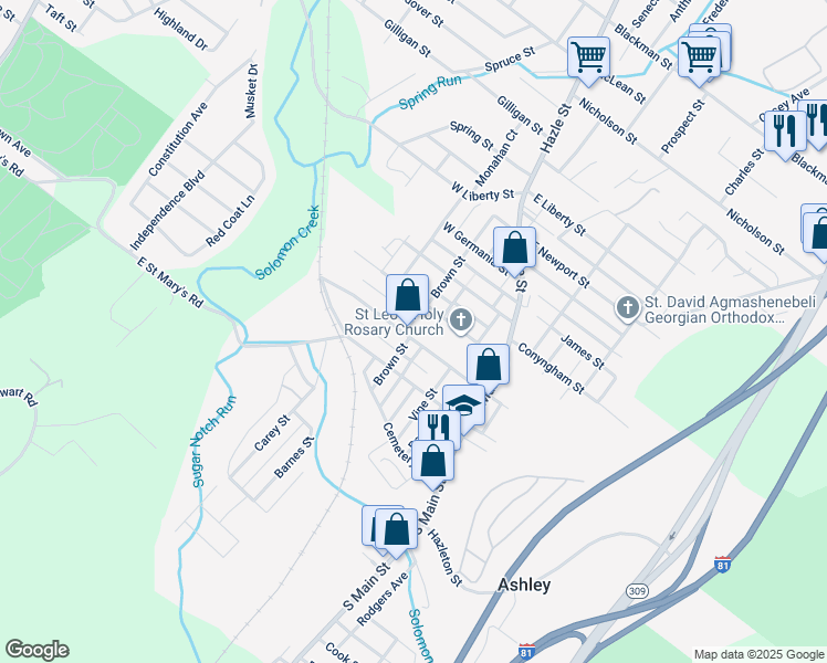 map of restaurants, bars, coffee shops, grocery stores, and more near 74 West Hartford Street in Ashley
