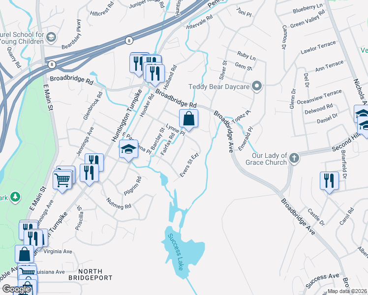 map of restaurants, bars, coffee shops, grocery stores, and more near 276 Lynne Place in Bridgeport