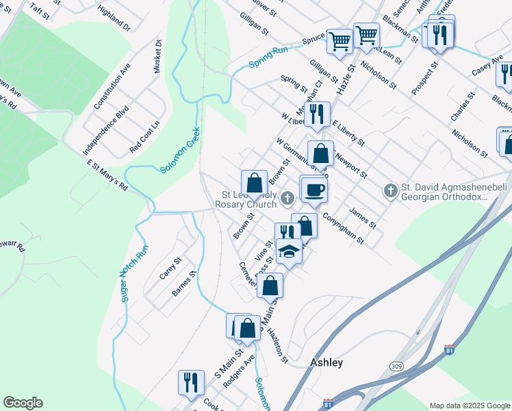 map of restaurants, bars, coffee shops, grocery stores, and more near 74 W Hartford St in Ashley