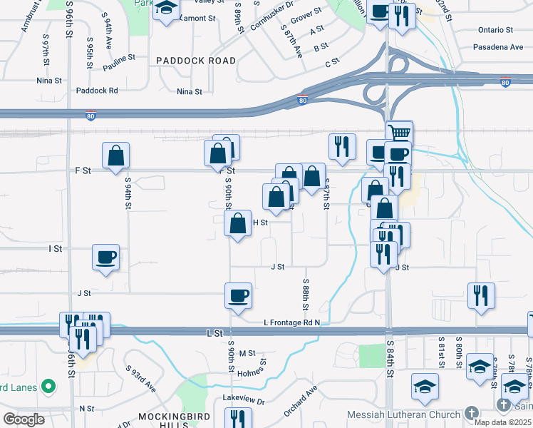 map of restaurants, bars, coffee shops, grocery stores, and more near 8939 F Street in Omaha