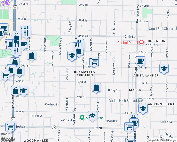 map of restaurants, bars, coffee shops, grocery stores, and more near 876 26th Street in Ogden