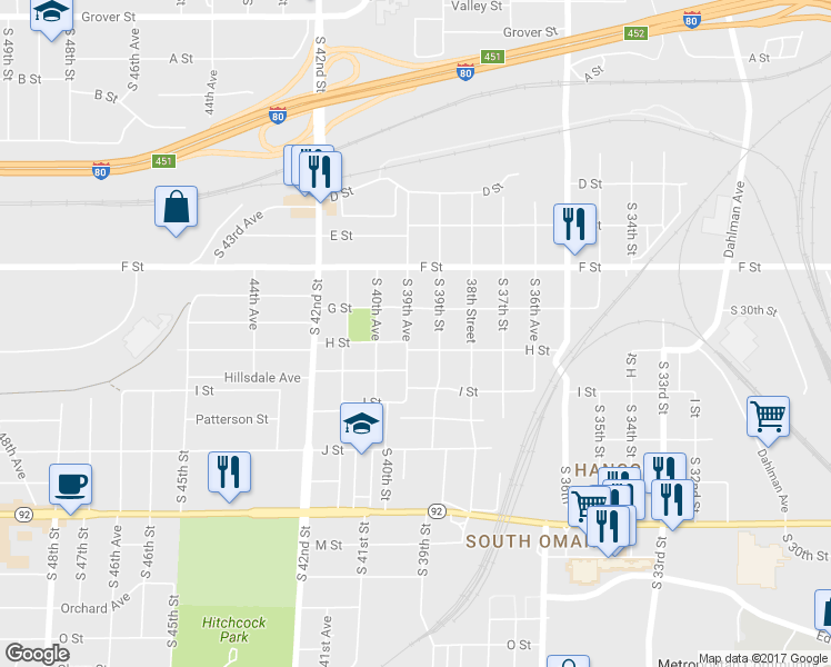 map of restaurants, bars, coffee shops, grocery stores, and more near 4202 South 39th Street in Omaha