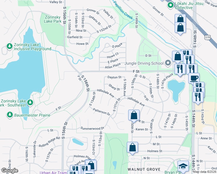 map of restaurants, bars, coffee shops, grocery stores, and more near 15224 Sharp Street in Omaha