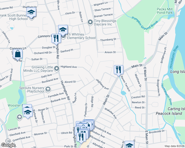 map of restaurants, bars, coffee shops, grocery stores, and more near 360 High View Drive in Stratford