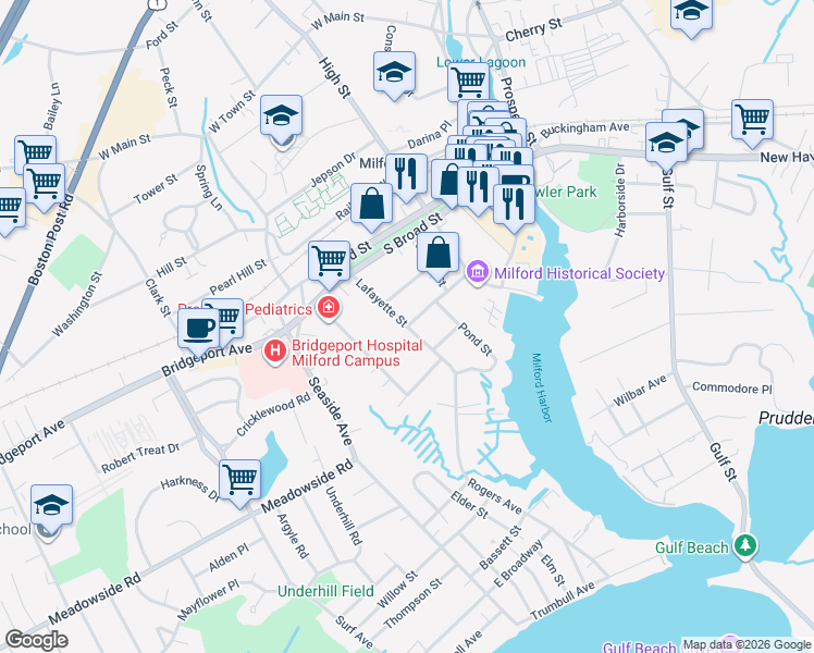 map of restaurants, bars, coffee shops, grocery stores, and more near Lafayette Street & Green Street in Milford