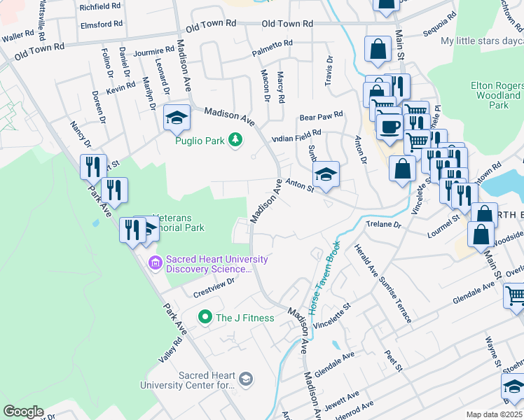 map of restaurants, bars, coffee shops, grocery stores, and more near 3200 Madison Avenue in Bridgeport