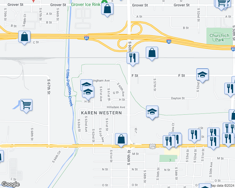 map of restaurants, bars, coffee shops, grocery stores, and more near 6069 G Street in Omaha