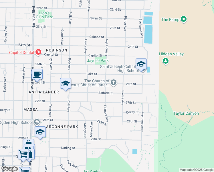 map of restaurants, bars, coffee shops, grocery stores, and more near 2606 Fillmore Avenue in Ogden