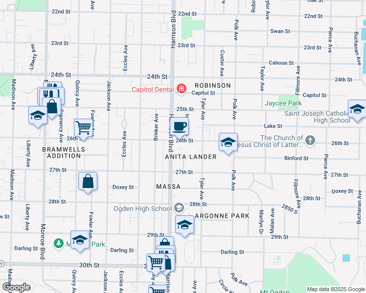 map of restaurants, bars, coffee shops, grocery stores, and more near 1233 26th Street in Ogden